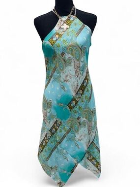 VTG Fairy Teal Paisley Asymmetrical Scarf Print Summer Y2K MIDI Dress Women 10